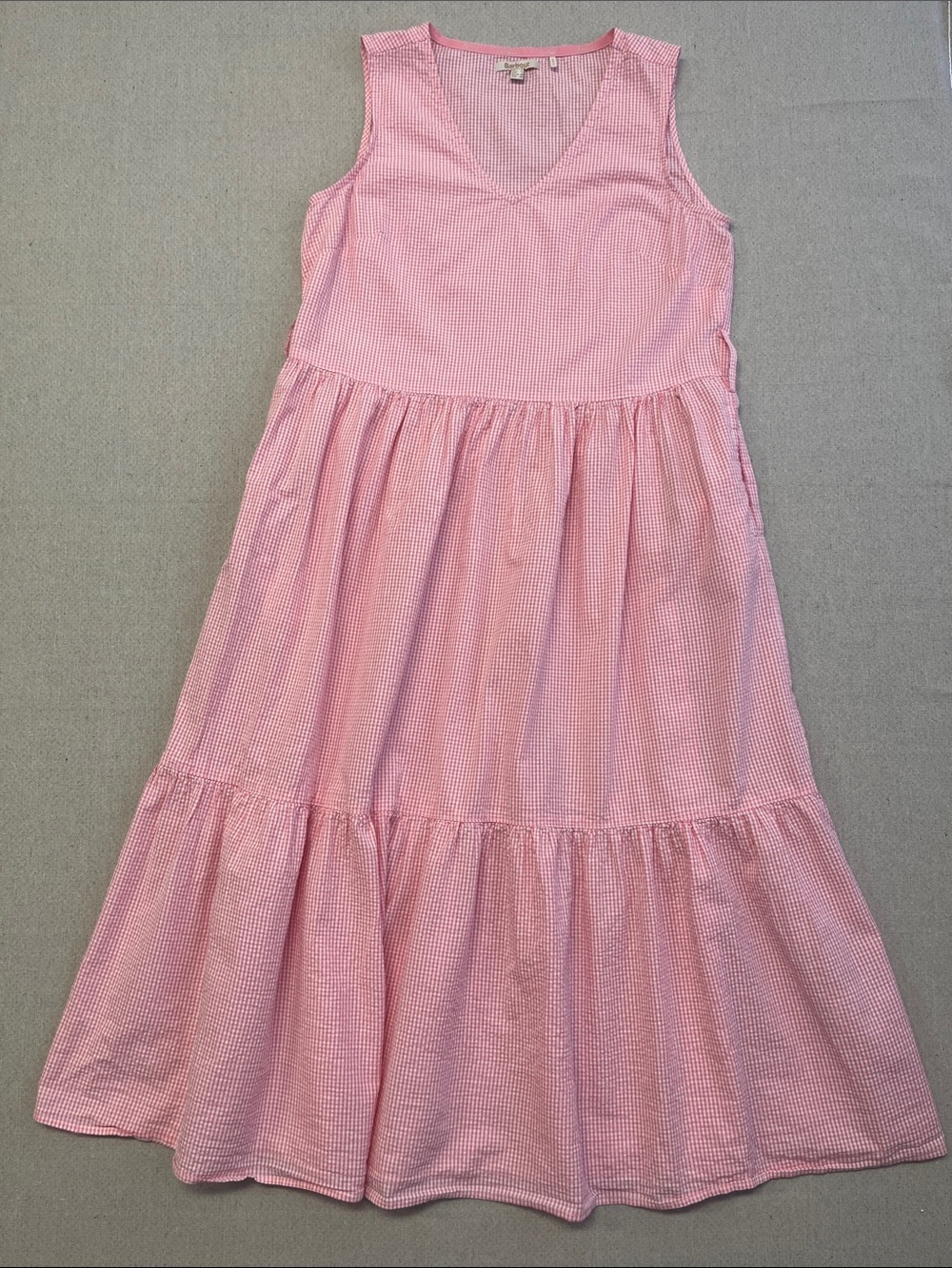 Barbour Pink Gingham Tiered Midi Dress Pockets Sleeveless Women’s US 6